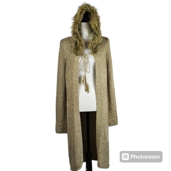 Vertigo Paris Mondo Long Sweater Cardigan Sz M Faux Fur Trim Metallic Gold Boho - Picture 1 of 14